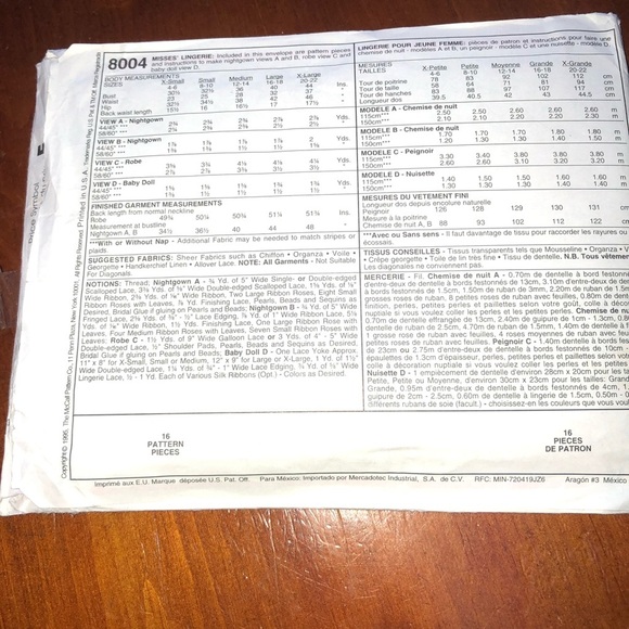 McCall's Vintage 8004 Sewing Pattern for misses lingerie- free shipping - Picture 5 of 6